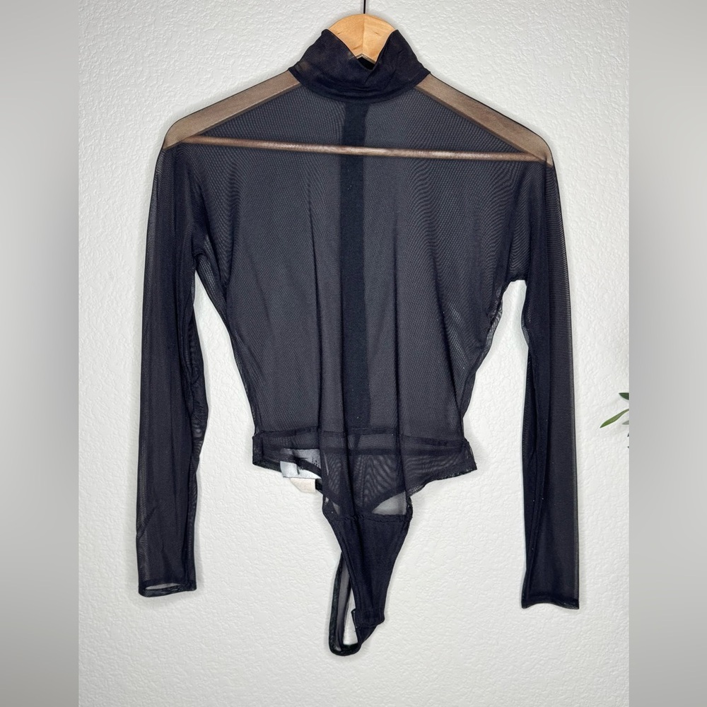 Tadashi Sheer Black Mesh‎ Long Sleeve Zip Body Suit Vintage